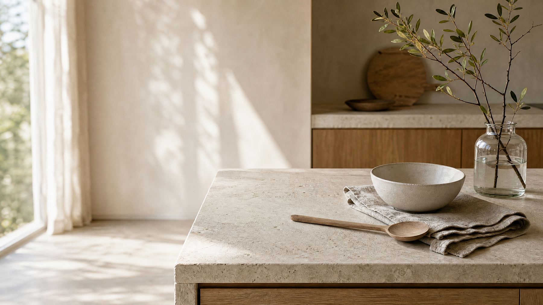 Sunlit neutral kitchen interior